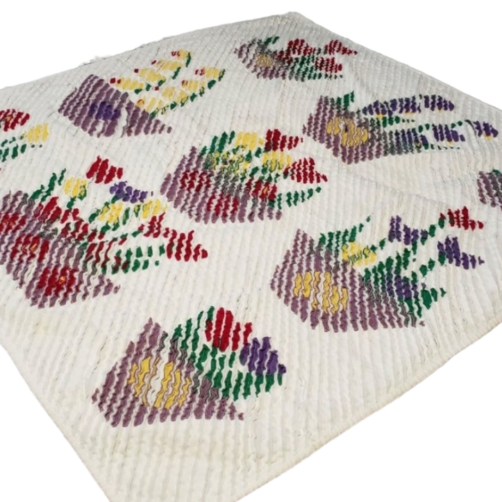 Vtg Handmade Faux Chenille Cotton White Blanket with Multi Colored Floral Design